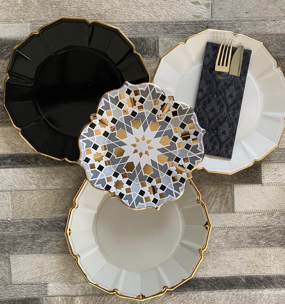 Geometric Gray and Gold Lunch Plates