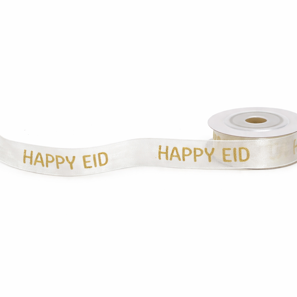 White ribbon with 'Happy Eid' text in gold on a white background