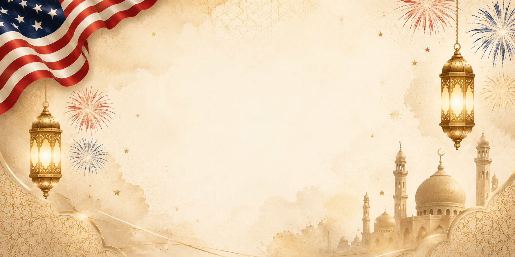 Decorative banner with American flag, lanterns, and a mosque silhouette on a beige background.